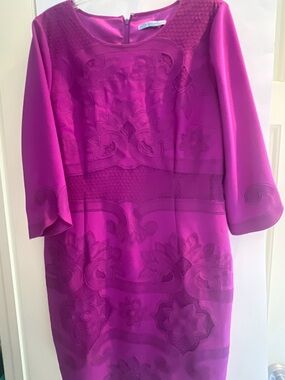 ANTONIO MELANI Magenta 3/4 Sleeve Embroidered Sheath Dress Size 14